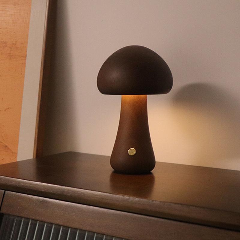 INS Wooden Cute Mushroom LED Night Light with Touch Switch Bedside Table Lamp for Bedroom