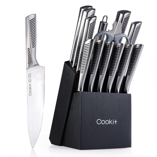 Kitchen Knife Set, 15 Piece Knife Sets with Block, Chef Knives with Non-Slip German Scissors Knife