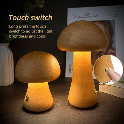 INS Wooden Cute Mushroom LED Night Light with Touch Switch Bedside Table Lamp for Bedroom