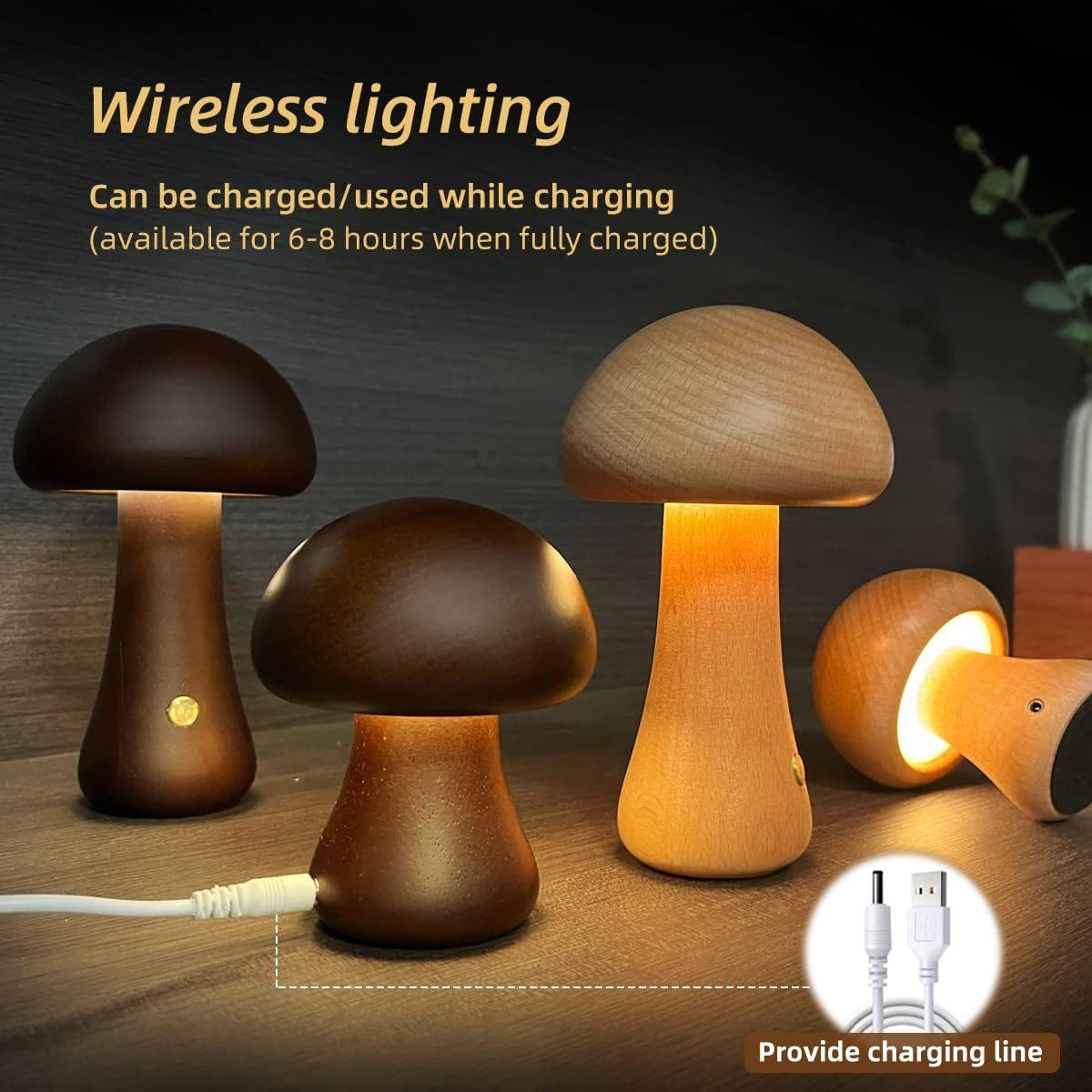 INS Wooden Cute Mushroom LED Night Light with Touch Switch Bedside Table Lamp for Bedroom