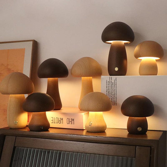 INS Wooden Cute Mushroom LED Night Light with Touch Switch Bedside Table Lamp for Bedroom