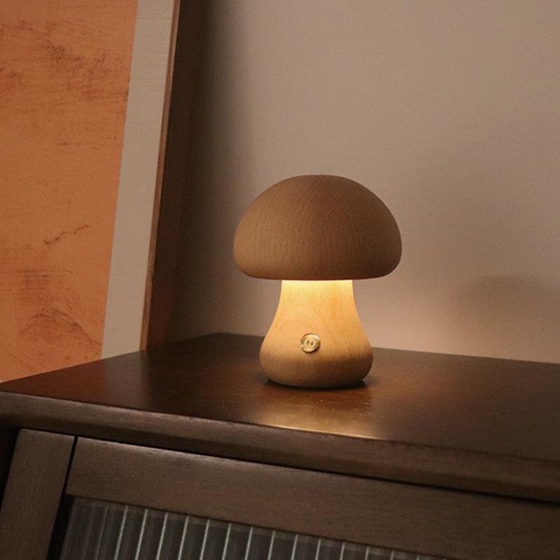 INS Wooden Cute Mushroom LED Night Light with Touch Switch Bedside Table Lamp for Bedroom