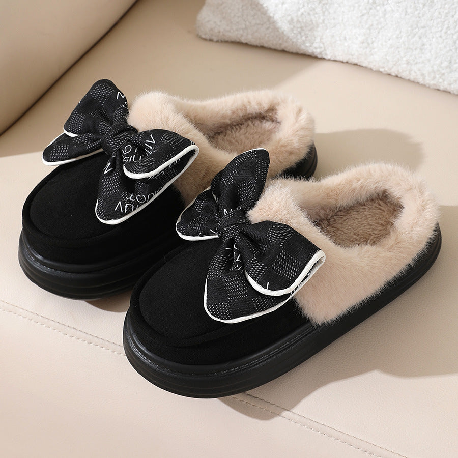 Cute Bowknot Plush Slipper Winter Warm Indoor Floor Bedroom Home Slippers For Women Fashion Thick-soled Solid House Shoes