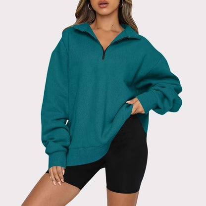 Women Sweatshirts Zip Turndown Collar Loose Casual Tops Clothes