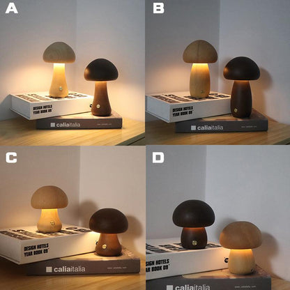 INS Wooden Cute Mushroom LED Night Light with Touch Switch Bedside Table Lamp for Bedroom