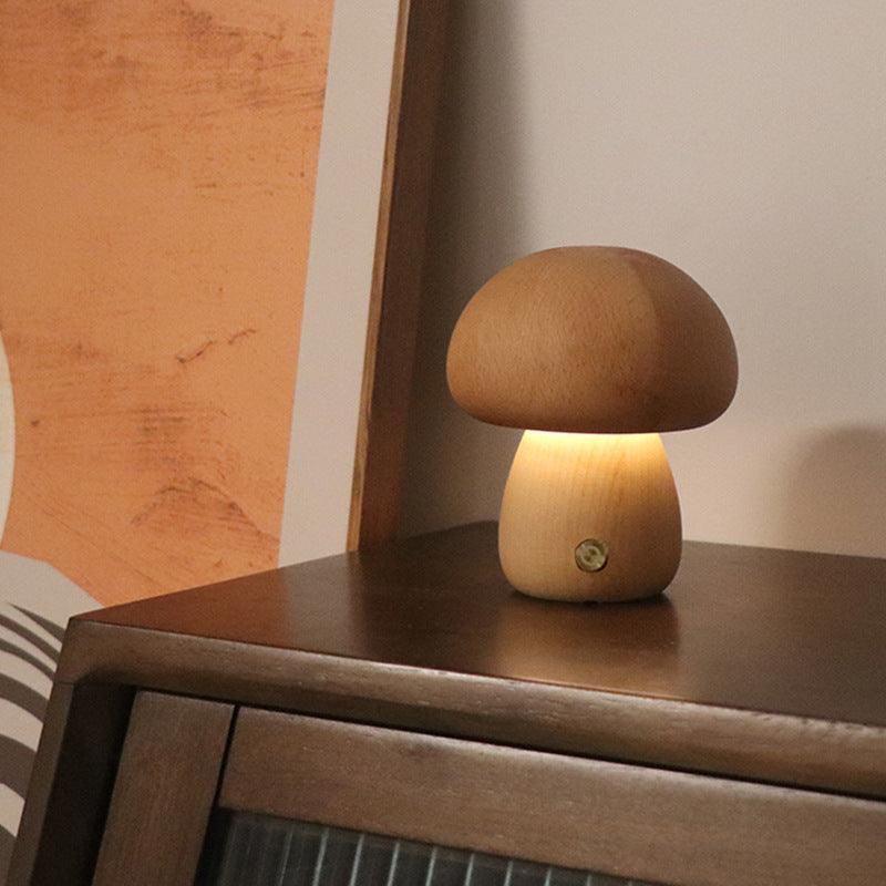 INS Wooden Cute Mushroom LED Night Light with Touch Switch Bedside Table Lamp for Bedroom