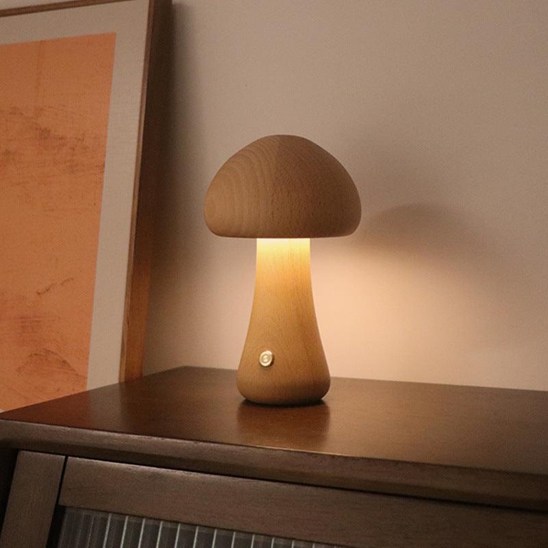 INS Wooden Cute Mushroom LED Night Light with Touch Switch Bedside Table Lamp for Bedroom