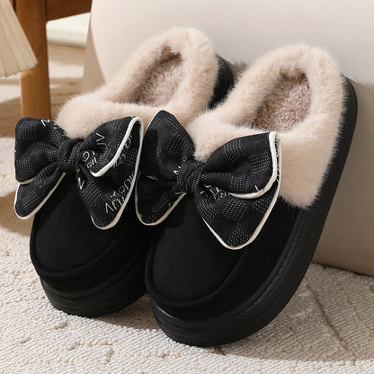 Cute Bowknot Plush Slipper Winter Warm Indoor Floor Bedroom Home Slippers For Women Fashion Thick-soled Solid House Shoes